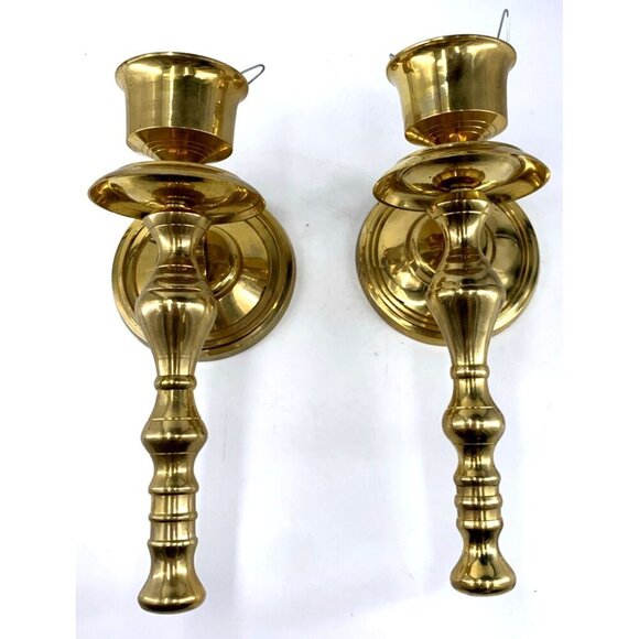 Brass Wall Mount Sconce Candle Holders 9" Set of 2 India Vintage - Picture 1 of 12